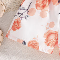 Girls Peach Floral Print Flutter Sleeve Romper Playsuits