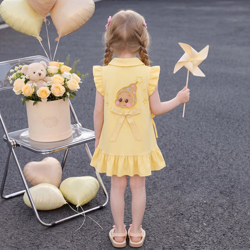 Girls Yellow Graphics Flutter Sleeve T-Shirt dress Casual Dresses