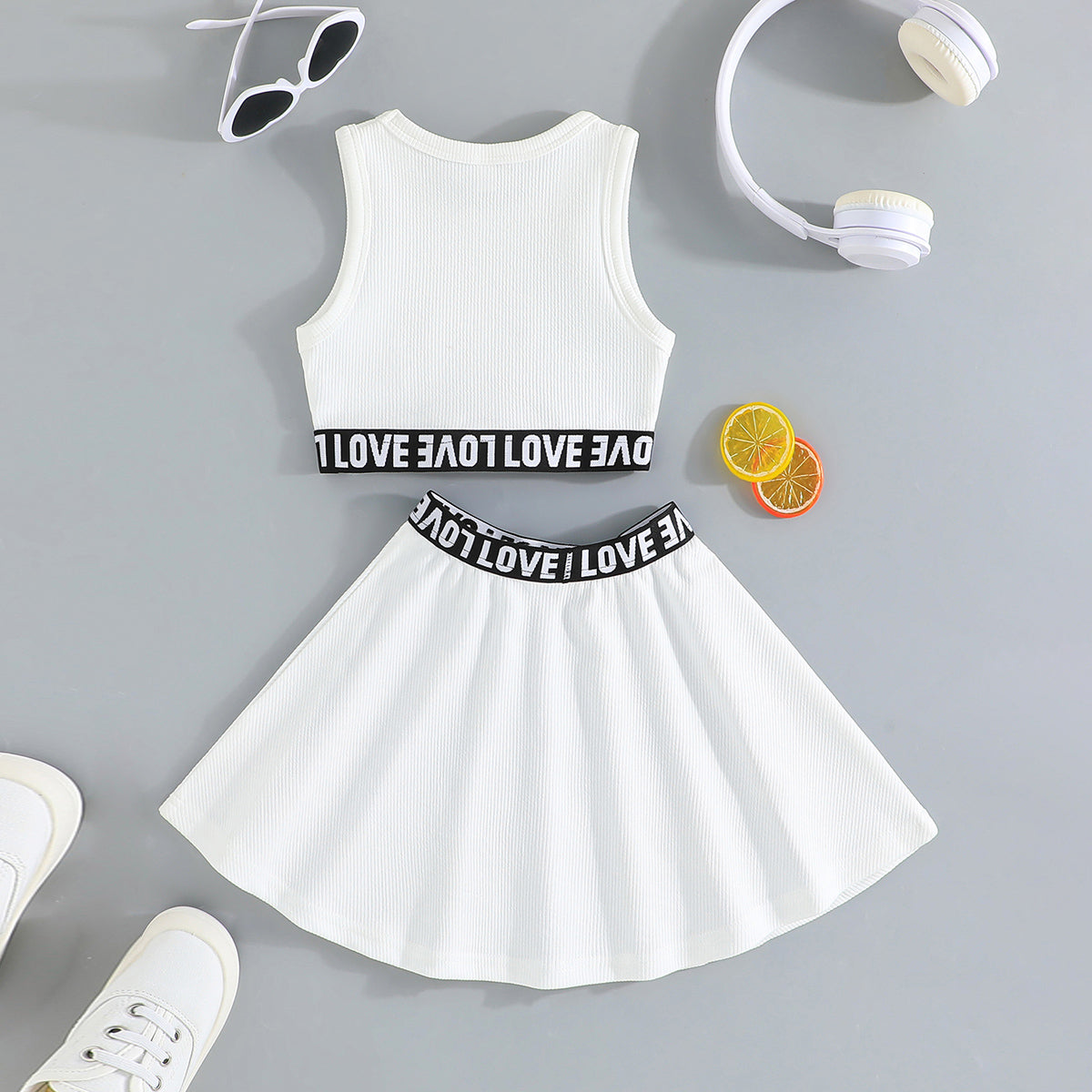 Girls White Sleeveless Crop Top with Flared Skirt Set 2 pc. Sets