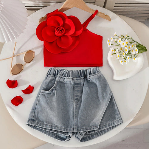 Girls Red 3D Flower Applique One Shoulder Top With Denim Skorts Set Sets Red 2-3 Y