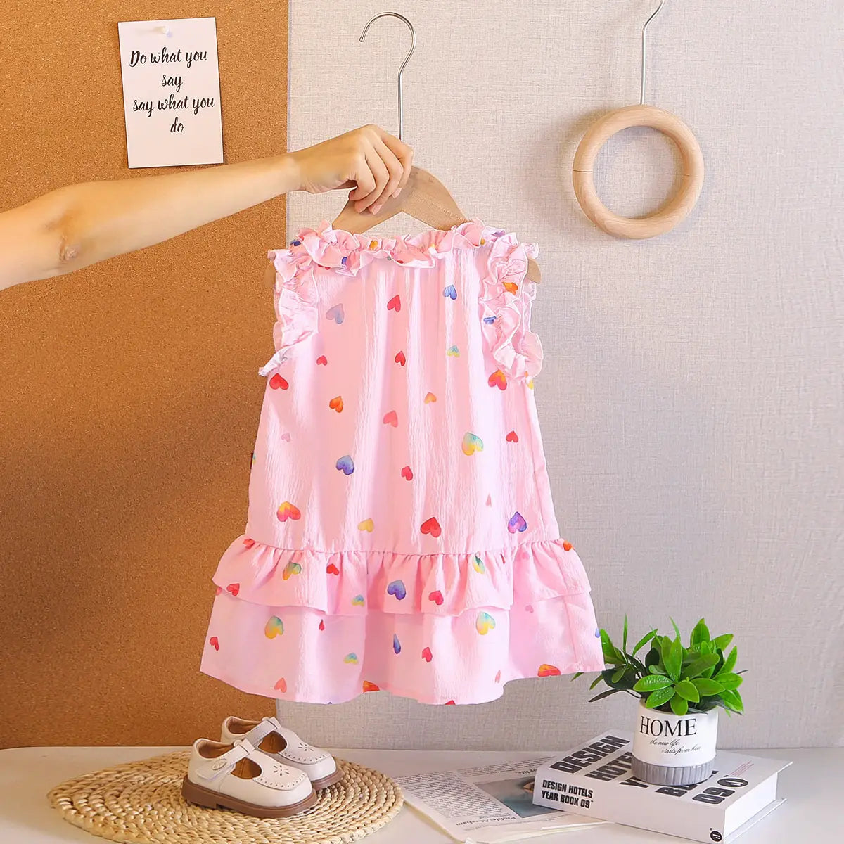 Girls Pink Heart Printed Sleeveless A-line Dress Casual Dresses