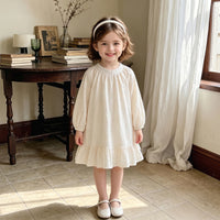 Girls Off White Floral Self-Design Puff Sleeve A-Line Dress Casual Dresses