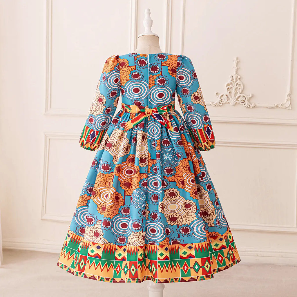 Girls Light Blue Floral Fit & Flare Dress With Long Sleeves Casual Dresses