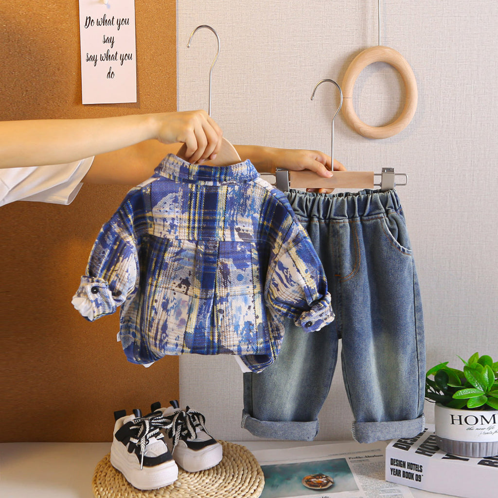Boys Blue Checked Shirt With T-Shirt & Denim Pants Set Sets