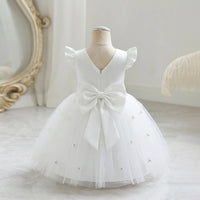 Girls White Pearl-Embellished Flutter Sleeve Fit & Flare Dress Casual Dresses