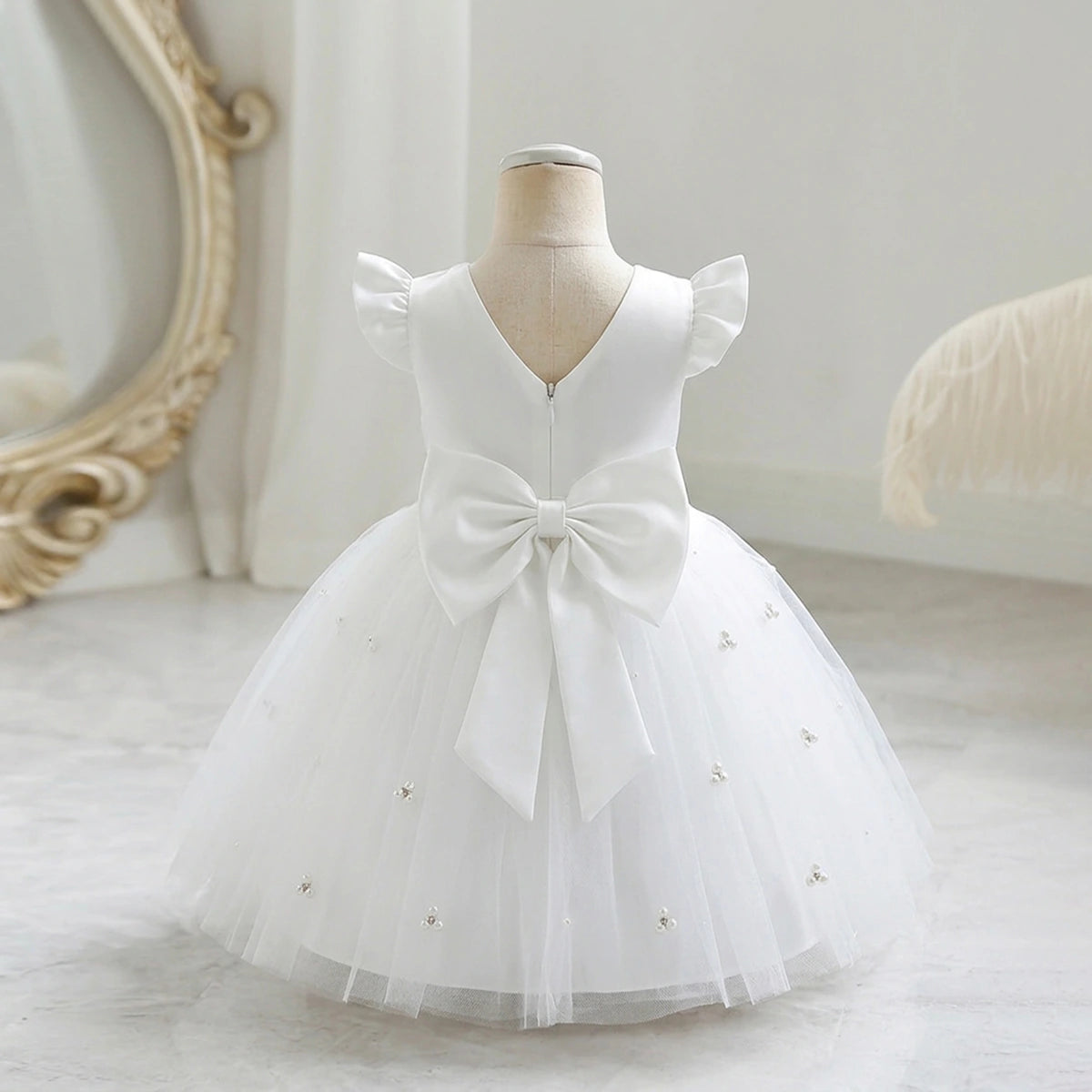 Girls White Pearl-Embellished Flutter Sleeve Fit & Flare Dress Casual Dresses