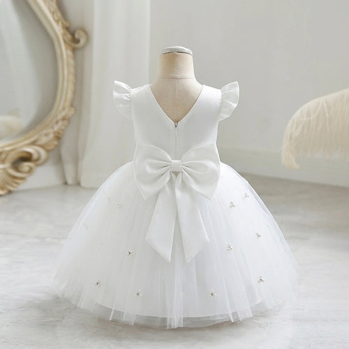 Girls White Pearl-Embellished Flutter Sleeve Fit & Flare Dress Casual Dresses