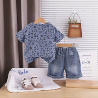 Boys Blue Leopard Distressed Print T-Shirt With Denim Shorts Sets Sets