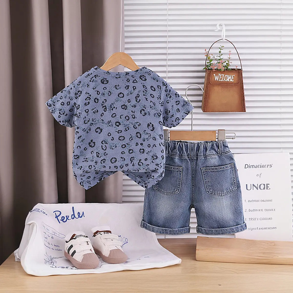 Boys Blue Leopard Distressed Print T-Shirt With Denim Shorts Sets Sets