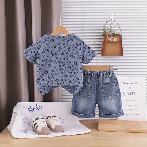 Boys Blue Leopard Distressed Print T-Shirt With Denim Shorts Sets Sets