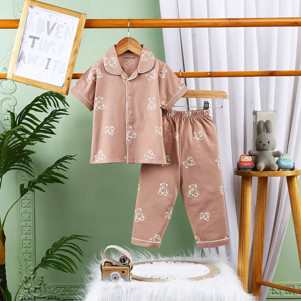 Girls Light Brown Teddy Bear Printed Short Sleeve Shirt With Elasticated Pyjama Sets Sets Brown 6-9 M