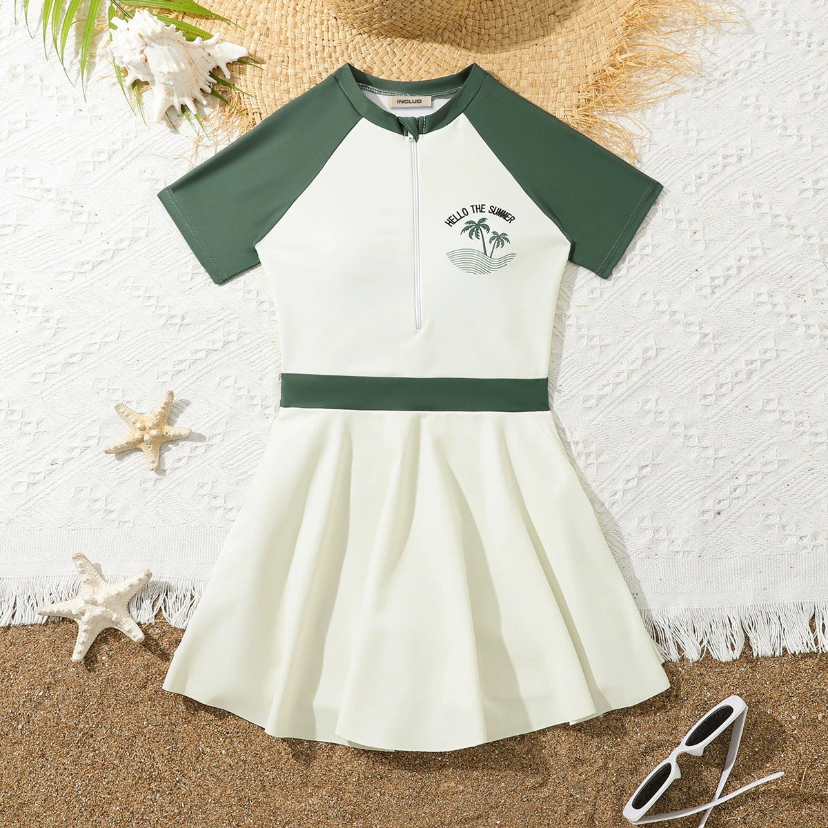 Girls Off White Colorblocked Fit & Flare Swim Dress Beachwear Off White 7-8 Y