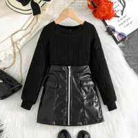 Girls Black Self-Design Long Sleeves Top With Skirt Sets Sets