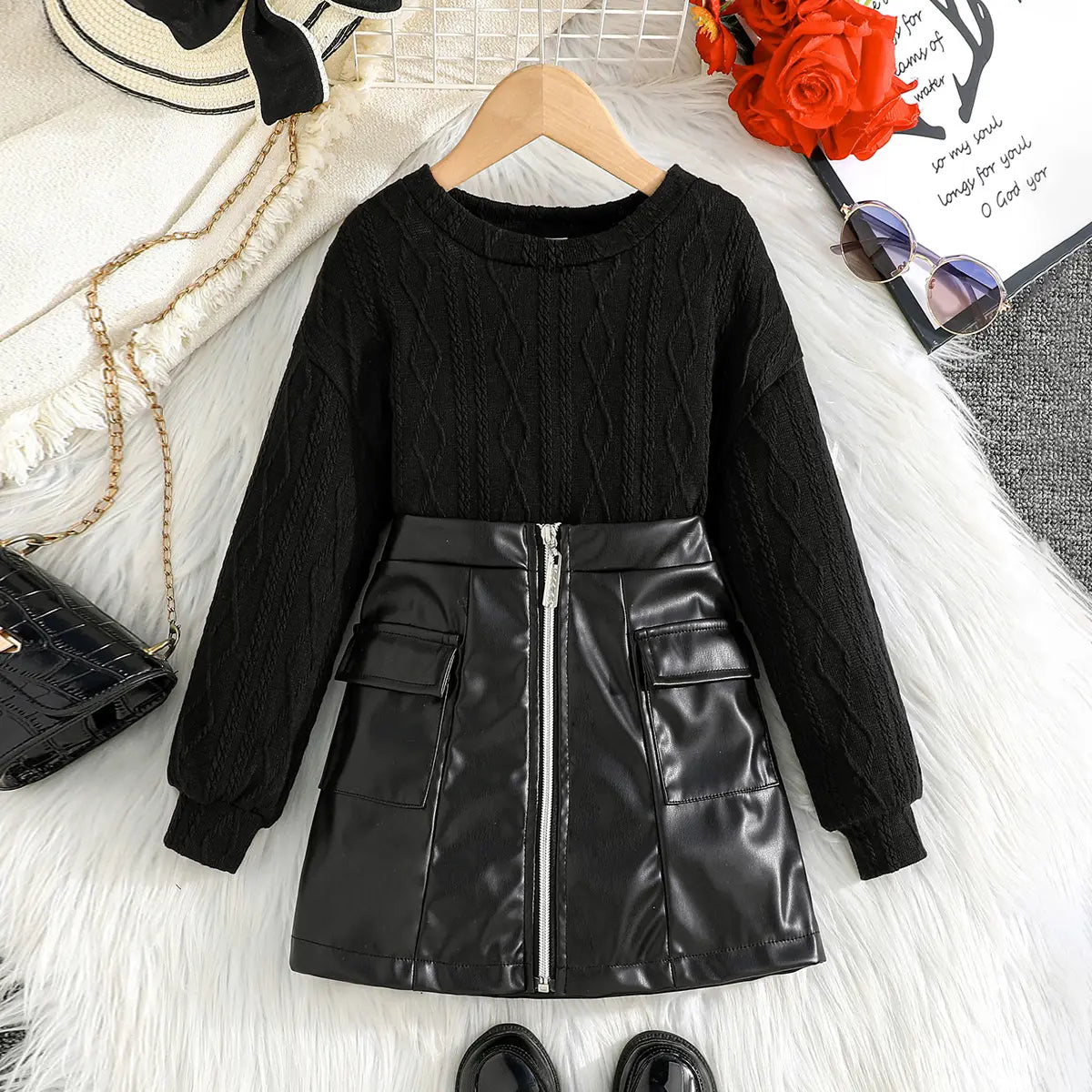 Girls Black Self-Design Long Sleeves Top With Skirt Sets Sets