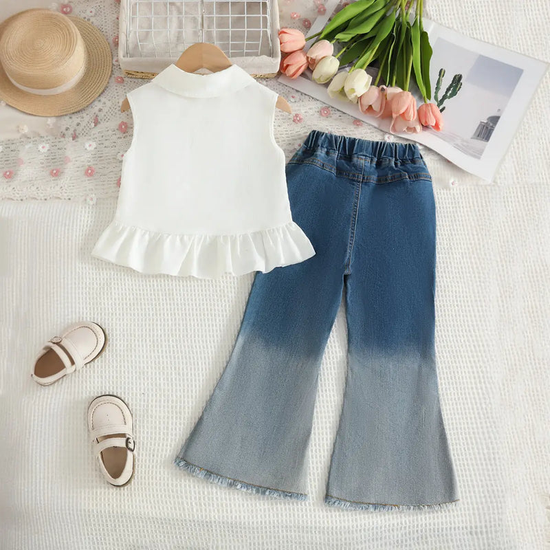 Girls White 3D Flower Applique Sleeveless Top With Flared Denim Pants Set Sets