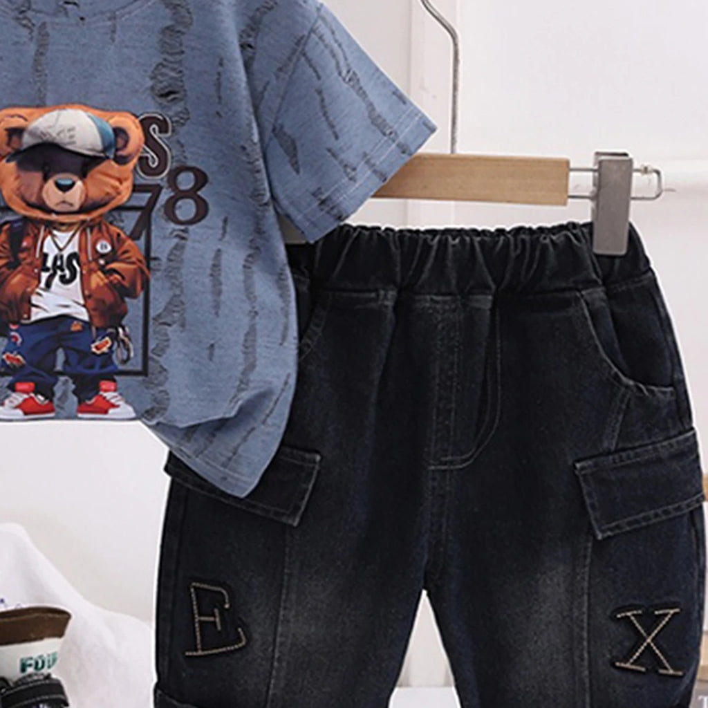 Boys Blue Bear Graphic Short Sleeve T-Shirt With Denim Shorts Sets 2 pc. Sets