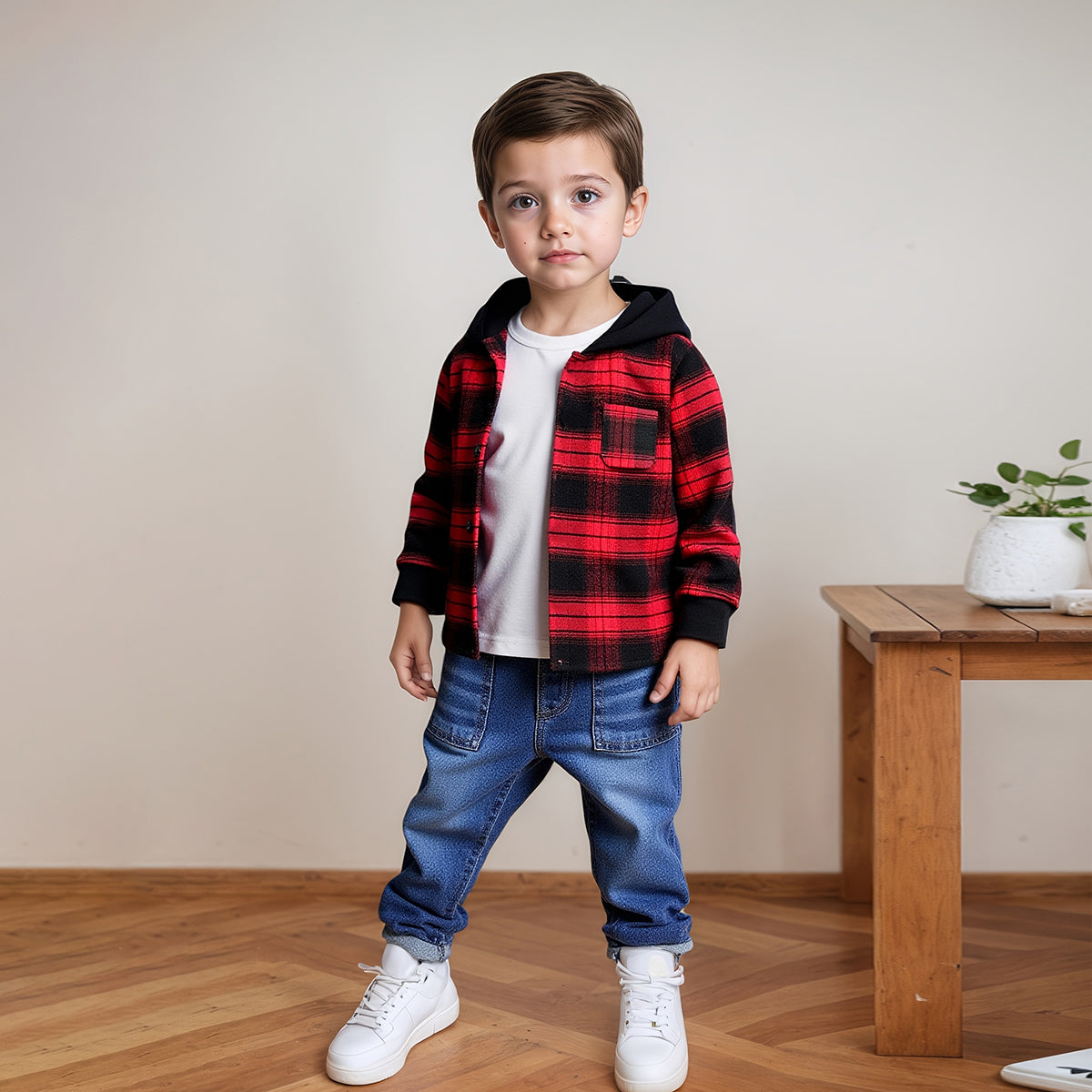 Boys Red Checked Hooded Shirt With Denim Trousers Sets 2 pc. Sets Red 3-4 Y