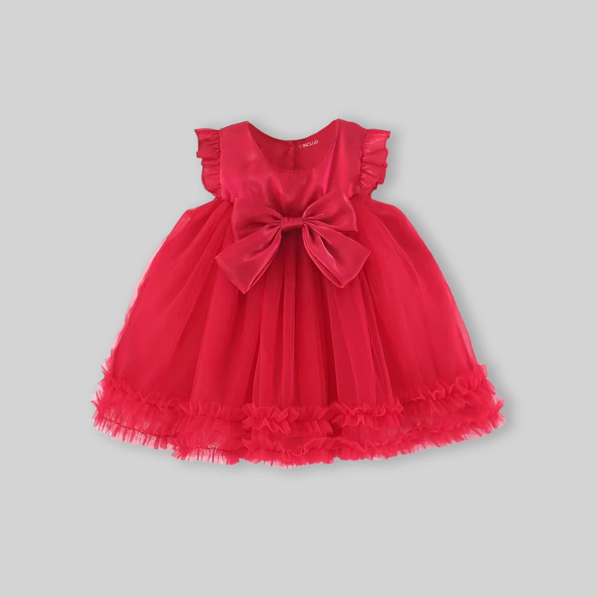 Girls Red Ruffled Tulle Overlay Fit & Flare Dress With Bow Detail Casual Dresses