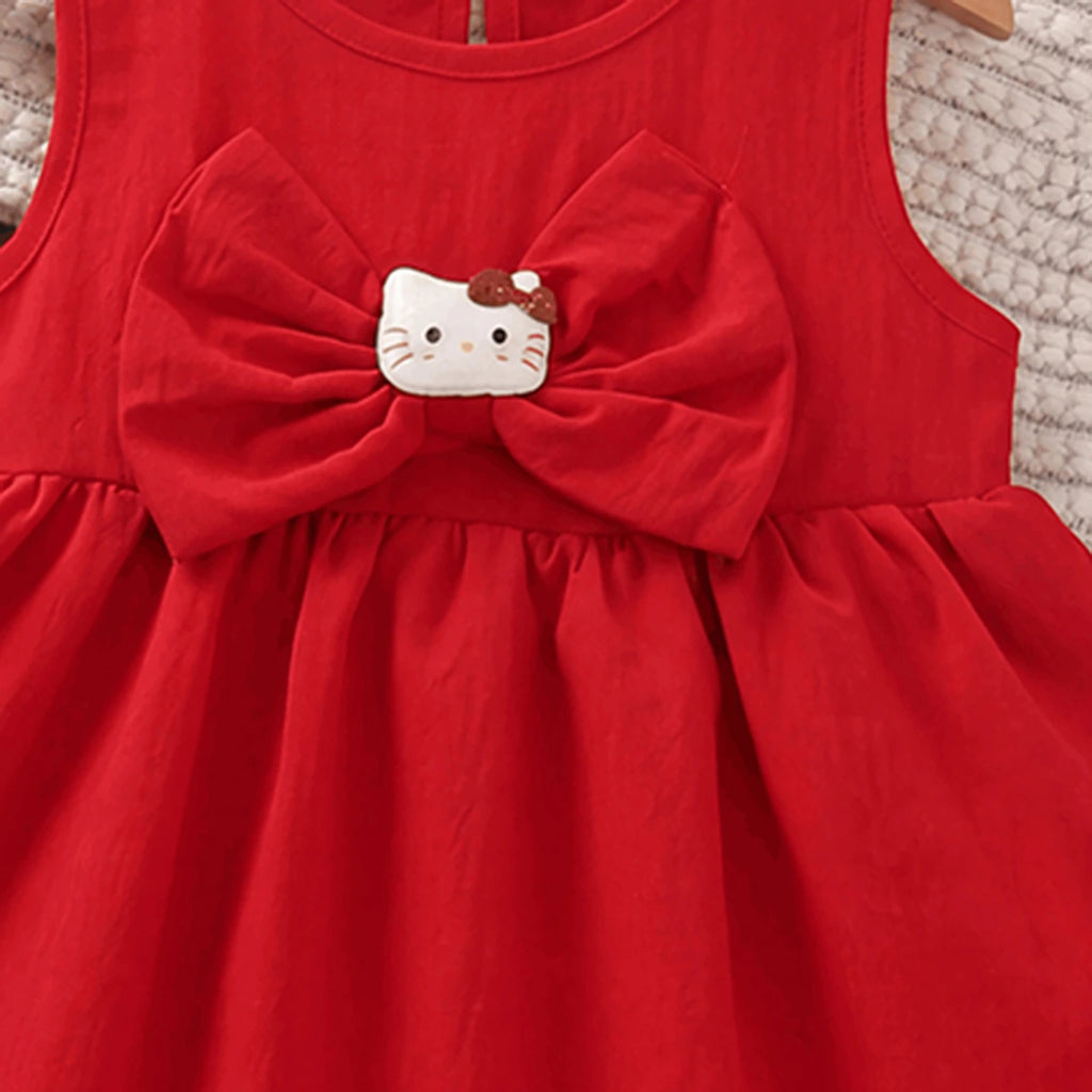 Girls Red Bow Applique Sleeveless Balloon Dress Casual Dresses