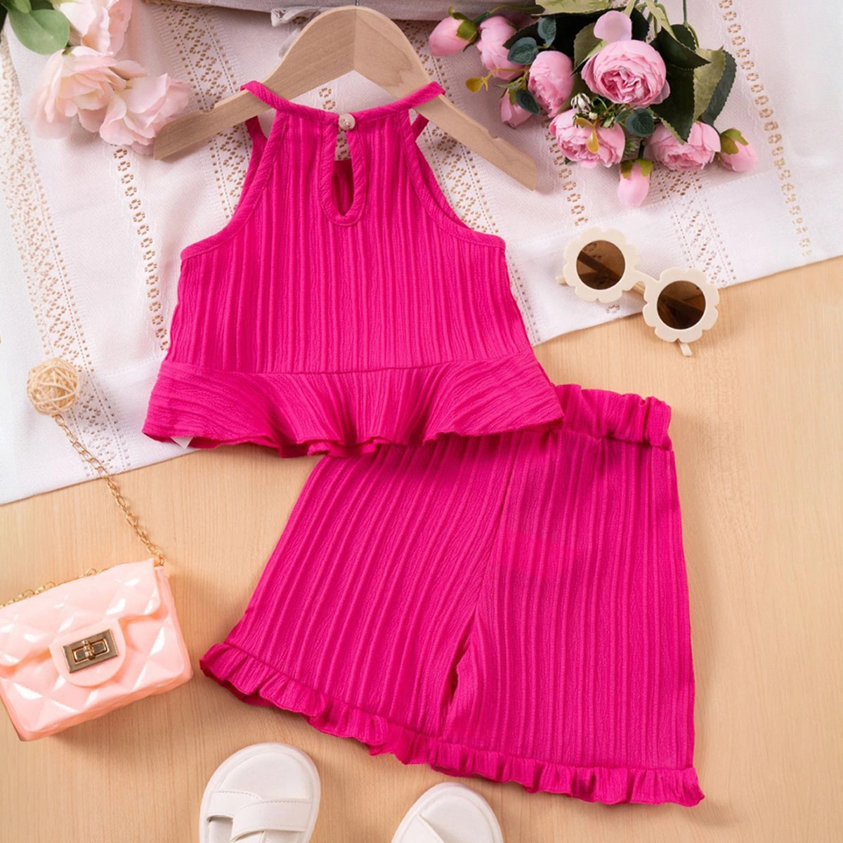 Girls Fuchsia Textured Halter Top With Shorts Co-ord Sets Sets