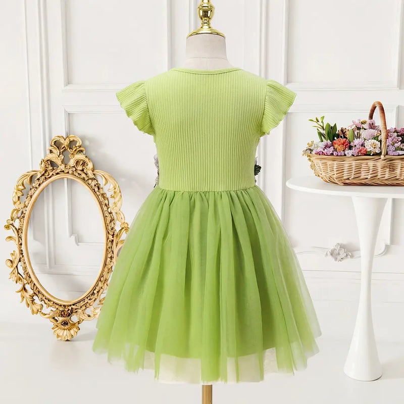 Girls Green Flutter Sleeves Fit & Flare Dress With Embroidered Waistline Casual Dresses