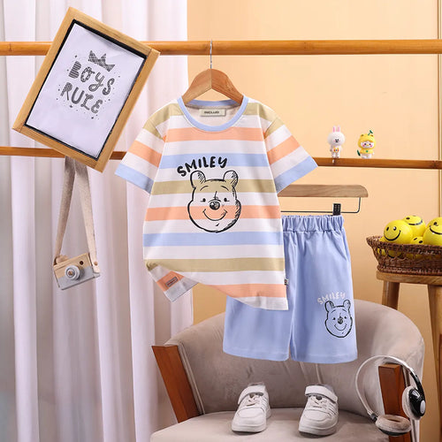 Boys Blue Stripes and Smiley Printed T-Shirt With Shorts Sets 2 pc. Sets Blue 3-4 Y
