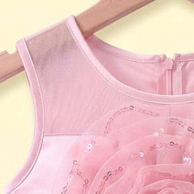 Girls light pink sleeveless high-low party dress with sequin floral applique