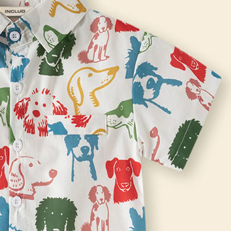 Boys White Dogs Cartoon Printed Short Sleeves Shirt Shirts