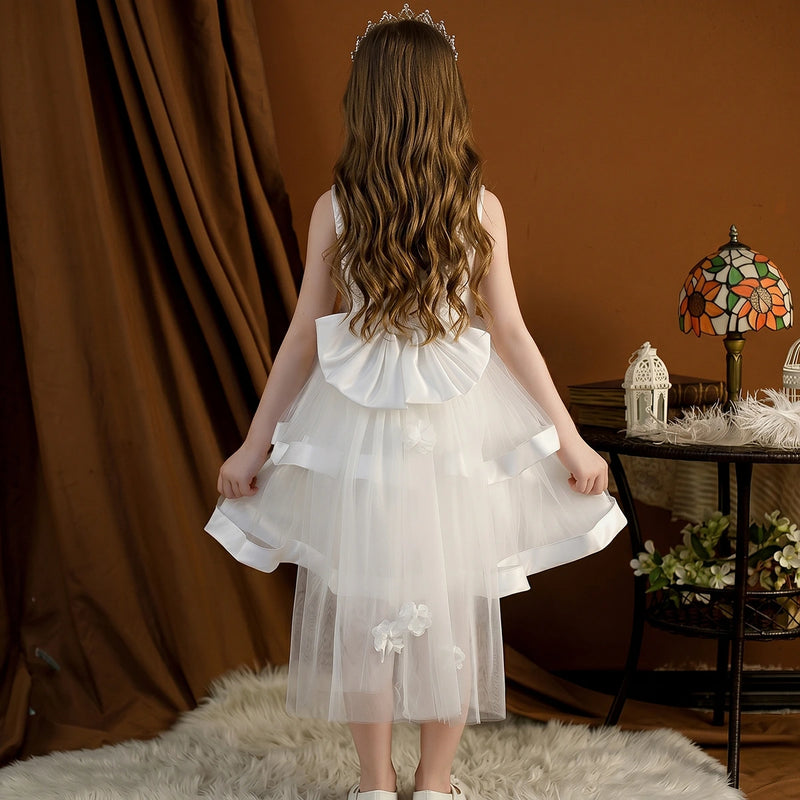 Girls White Embroidered Sleeveless Layered Party Dress With Bow Party Dresses