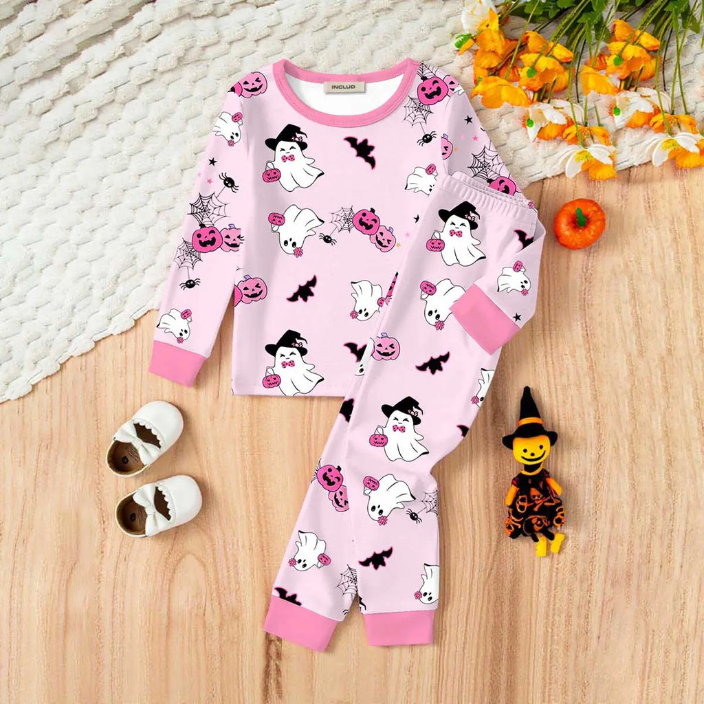 Girls Pink Halloween Theme Printed T-Shirt With Jogger Co-ord Sets 2 pc. Sets