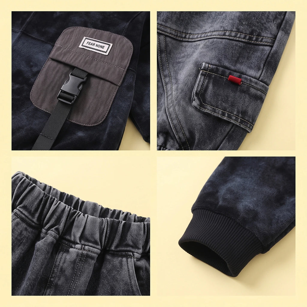 Boys Black Tie & Dye Sweatshirt & Denim Cargo Pants Sets Sets