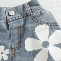 Girls Black Floral Printed Puff Sleeves Top With Denim Shorts Set Sets