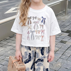 Girls Bow Print Short Sleeve T-Shirt With Beige Printed Pants Sets 2 pc. Sets