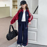 Girls Navy Blue Solid Front Zipper Jacket With Pant Winter Set