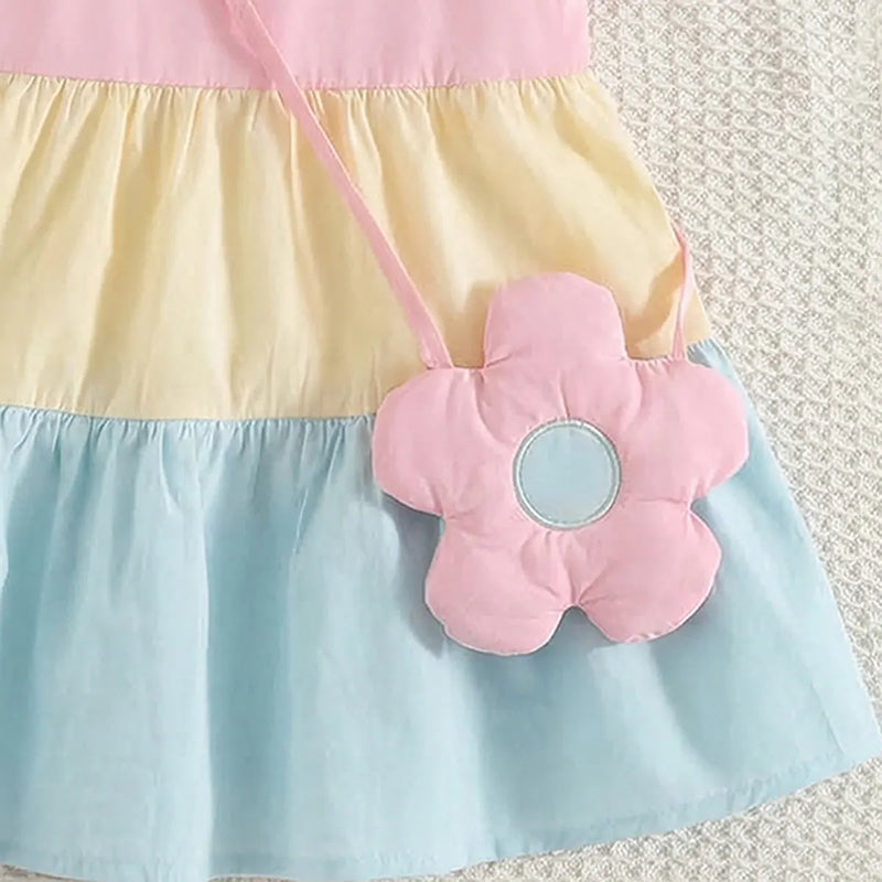 Girls Multicolor Flutter Sleeves Tiered Dress With Floral Sling Bag Casual Dresses