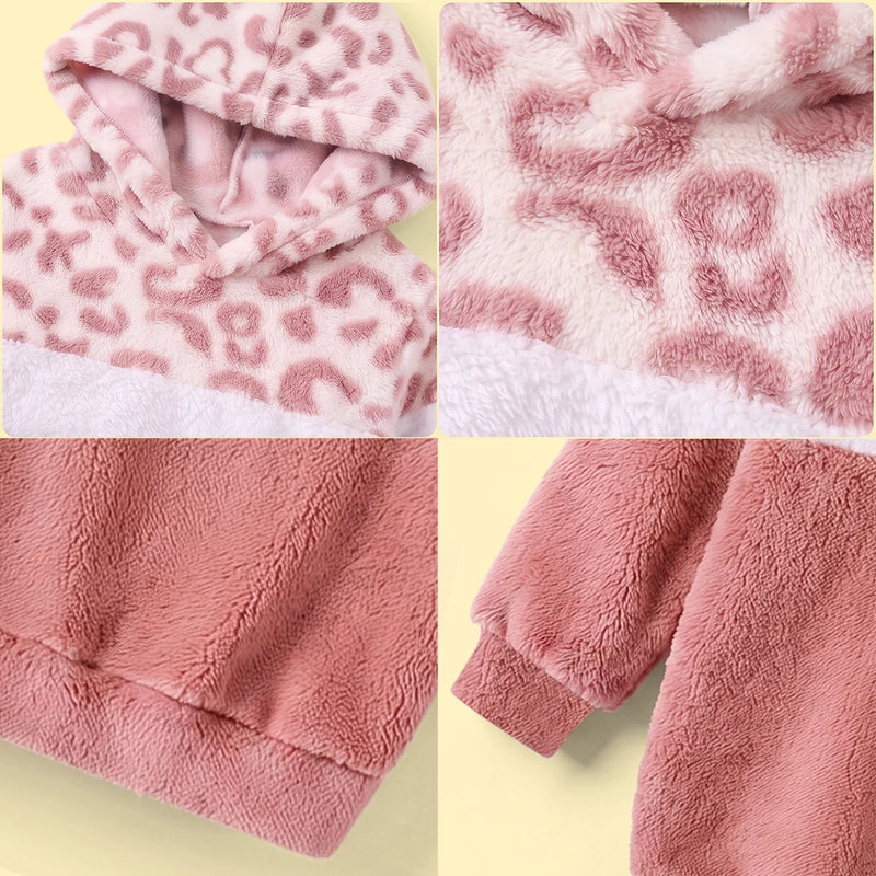 Girls Pink Leopard Print Fleece Hooded Sweatshirt Sweatshirts & Hoodies
