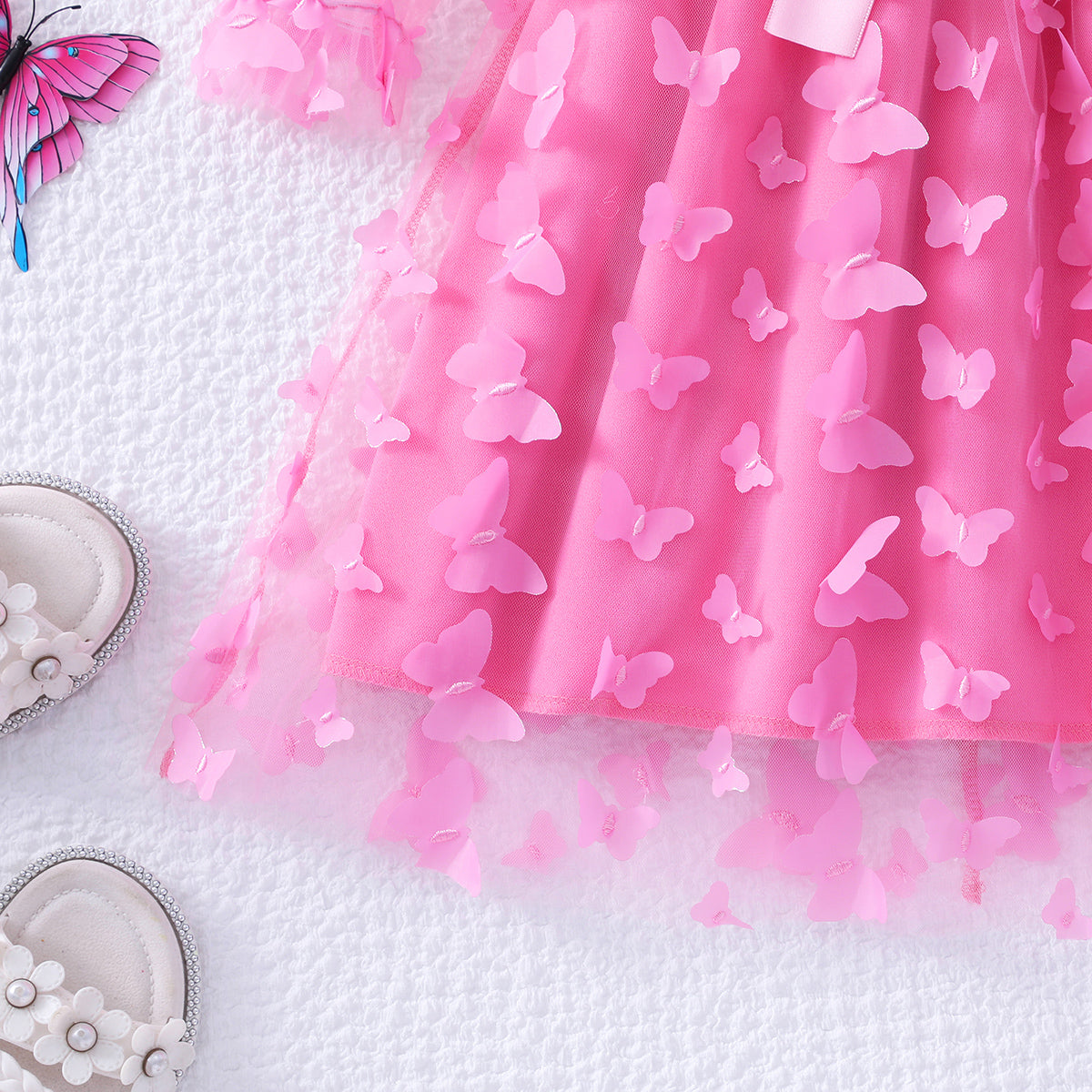 Girls Pink Butterfly Applique Tulle Overlay Fit & Flare Casual Dress Casual Dresses