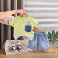 Boys Green Robot Graphic T-Shirt With Denim Shorts Sets Sets Green 1-2 Y