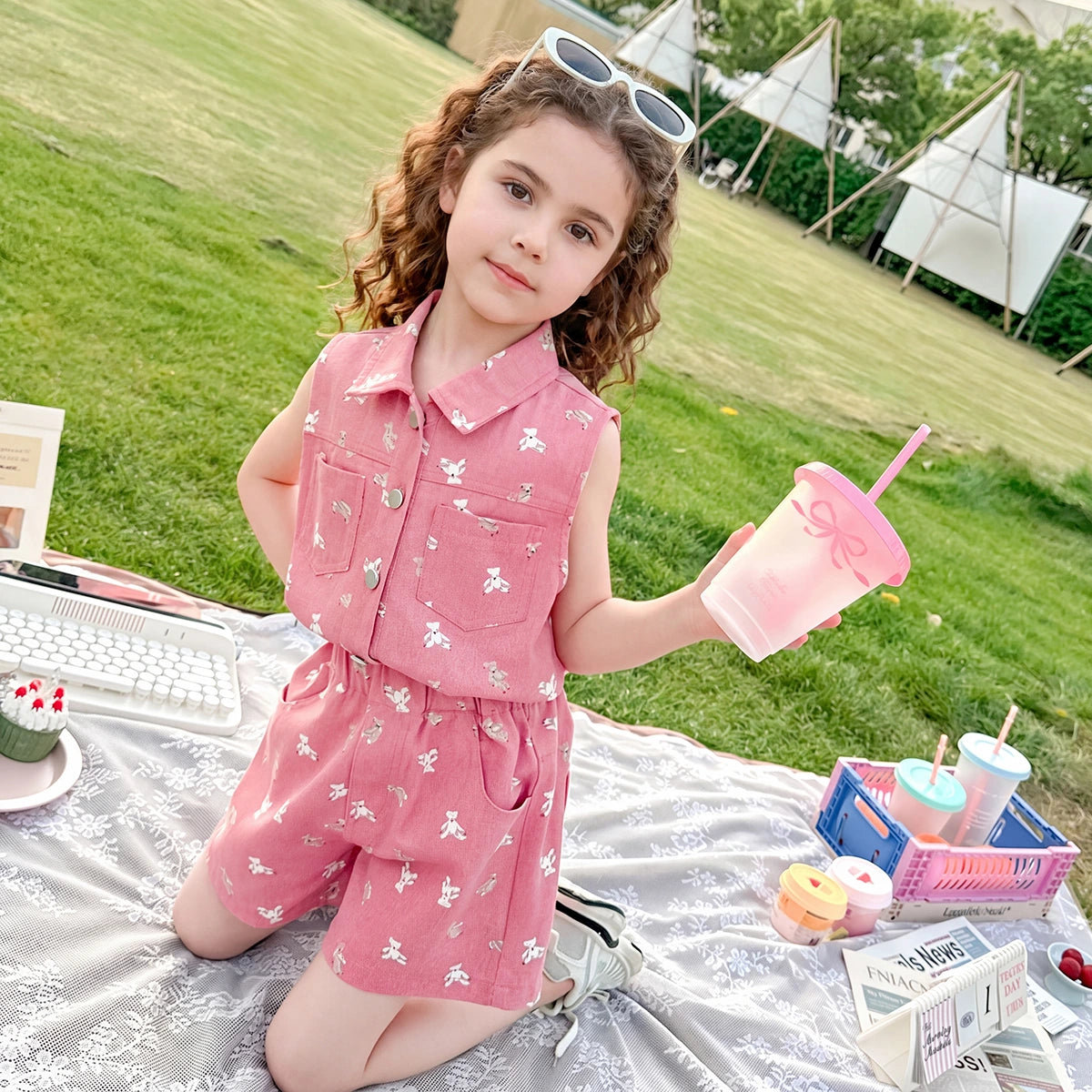 Girls Pink Teddy Bear Print Sleeveless Top With Shorts Sets 2 pc. Sets Pink 1-2 Y