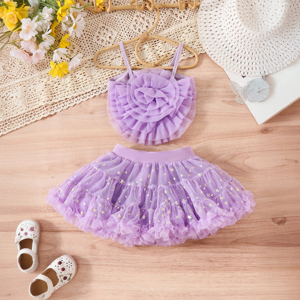 Girls Purple Big Flower Applique Crop Top With Star Printed Tiered Tulle Skirt Sets Sets Purple 3-4 Y
