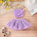 Girls Purple Big Flower Applique Crop Top With Star Printed Tiered Tulle Skirt Sets Sets Purple 3-4 Y