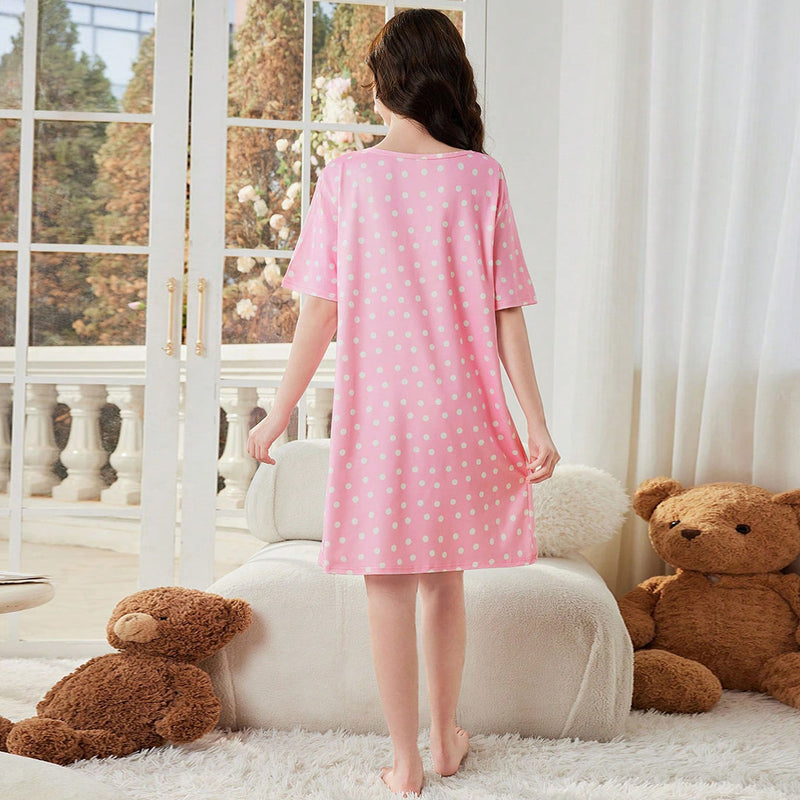 Girls Pink Polka Dot Print Night Dress Casual Dresses