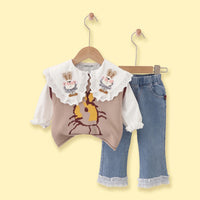 Girls Khaki Jacquard Sweater vest With Top And Denim Pants Sets 3 pc. Sets Khaki 1-2 Y
