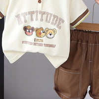 Boys Cream Graphic Printed Polo T-Shirt With Brown Shorts Set 2 pc. Sets
