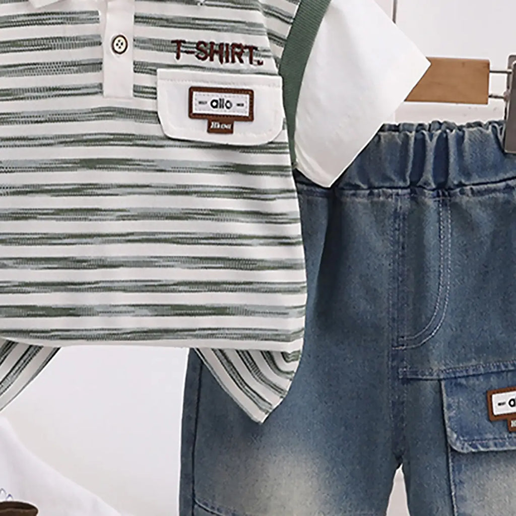 Boys Green Striped Short Sleeve Polo T-Shirt With Elasticated Denim Shorts 2 pc. Sets