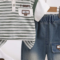 Boys Green Striped Short Sleeve Polo T-Shirt With Elasticated Denim Shorts 2 pc. Sets