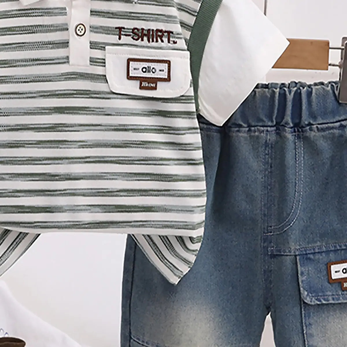Boys Green Striped Short Sleeve Polo T-Shirt With Elasticated Denim Shorts 2 pc. Sets