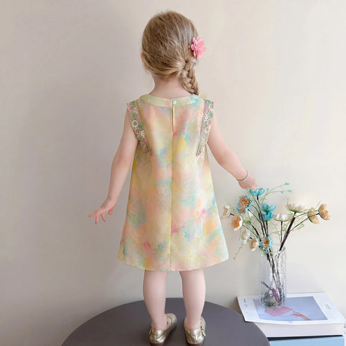 Girls Yellow Floral Print Sleeveless A-Line Dress Casual Dresses