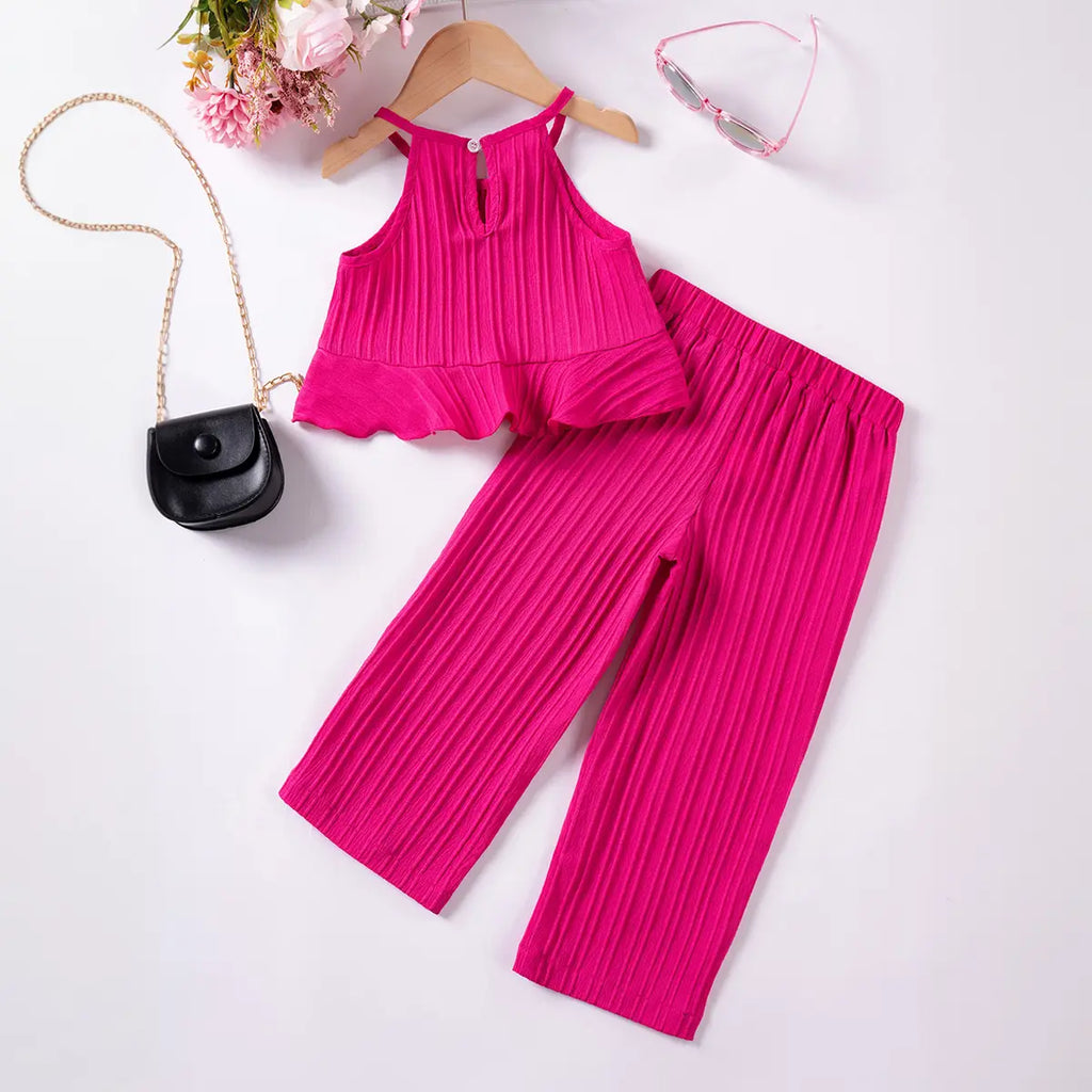 Girls Fuchsia Self Stripe Peplum Top With Pants Co-ord Sets Sets