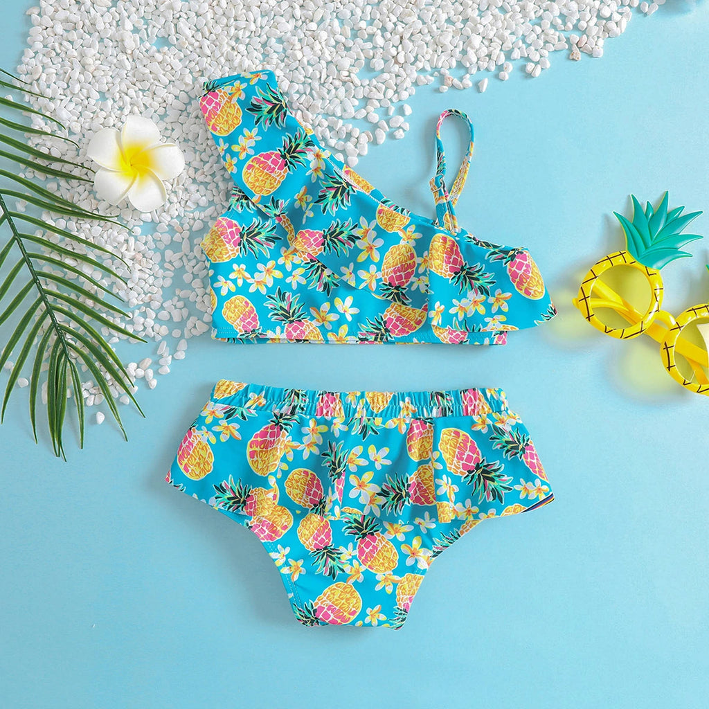 Girls Light Blue Pineapple Printed One Shoulder Top With Briefs Swimwear Sets Sets